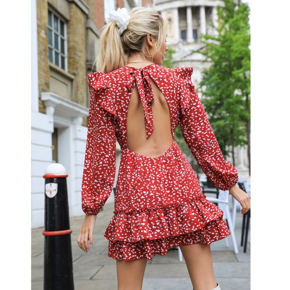 Heart Print Ruffle Detail Deep V Backless Dress - Picture 6 of 8